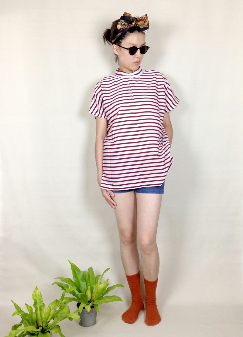 │千金难买早知道│红白条纹小立领古着上衣VINTAGE/MOD'S - 女装上衣 - 其他材质 红色