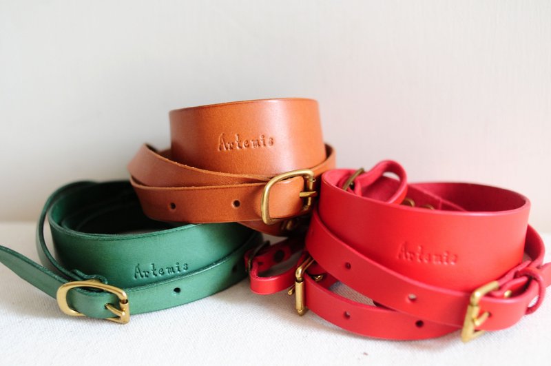 手缝皮革相机带 - 证件套/卡套 - 真皮 卡其色