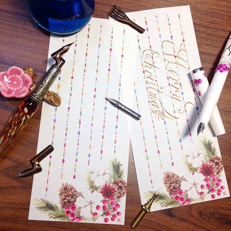 一笔花笺~墨水染画-<<圣诞特别限量款>>果实花环-(一包30张入) - 便条纸/标签贴 - 纸 咖啡色