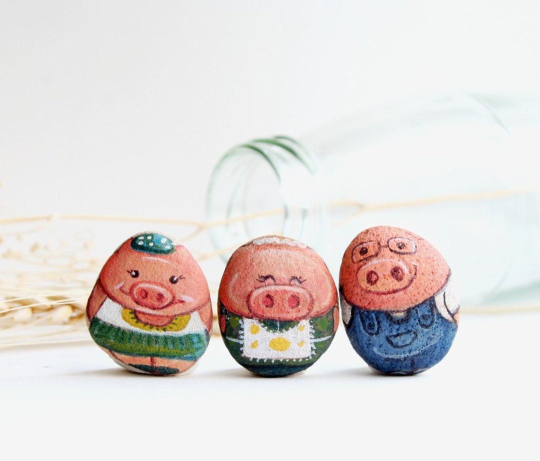 Pig Family stone painting - 其他 - 防水材质 灰色