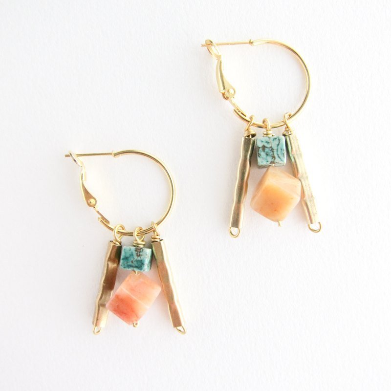 [NEW] 红玉髓＆土耳奇石几何耳环/ 情人节礼物/ 生日礼物 - 耳环/耳夹 - 宝石 橘色