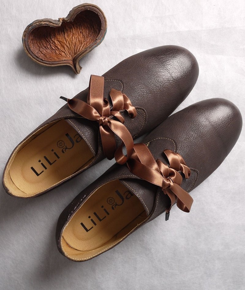 英伦公主缎带蝴蝶结爵士鞋_焦糖咖（仅剩23号） - 女款休闲鞋 - 真皮 咖啡色