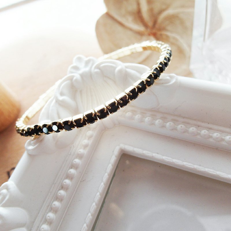 Cha mimi。魅力低调。施华洛方钻金色弹性手炼/黑耀钻 - 手链/手环 - 宝石 黑色