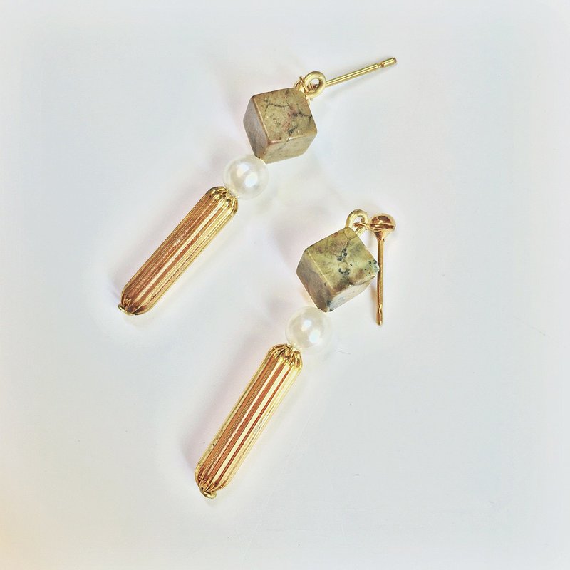 Marygo珍珠几何黄松石 立体金色耳环 - 耳环/耳夹 - 其他金属 