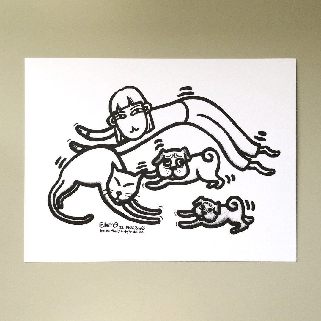 明信片黑白系列- 爱伦猴/家庭伸展运动  涂鸦/填色明信片 | Monke - 卡片/明信片 - 纸 白色