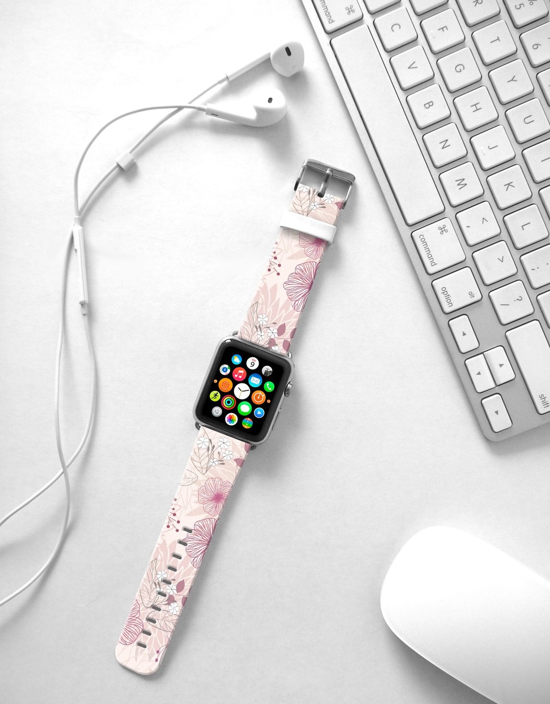 Apple Watch Series 1 , Series 2, Series 3 - Apple Watch 真皮手表带，适用于Apple Watch 及 Apple Watch Sport - Freshion 香港原创设计师品牌 - 淡粉红玫瑰花纹 cr16 - 表带 - 真皮 