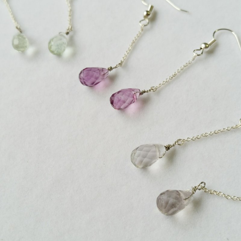 切面萤石水滴 镀银材质长耳环 Flourite silver-plated long earring - 耳环/耳夹 - 宝石 多色