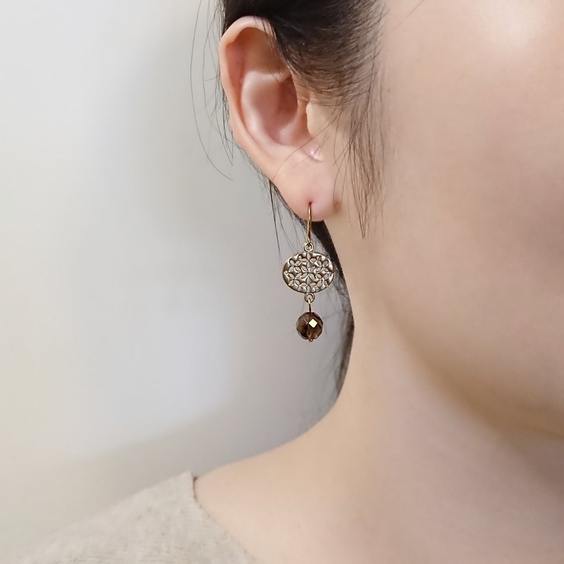 ::复古唐顿:: Lady Sybil 系列-3 茶晶窗棂花黄铜耳环。可改夹式 - 耳环/耳夹 - 半宝石 咖啡色