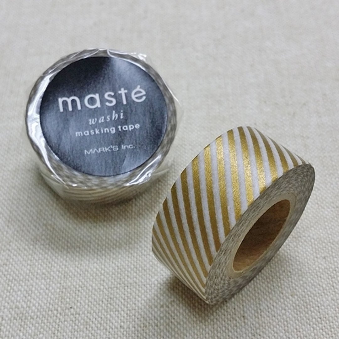 日本 maste 和纸胶带 Basic 限定系列【斜条纹/金 (MST-MKT43-GD)】 - 纸胶带 - 纸 金色