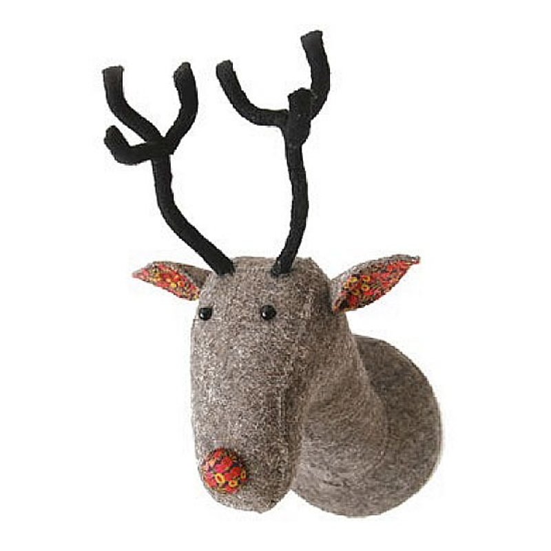 【Fiona Walker England】英国童话风格动物头 纯手工壁饰 - 圣诞红鼻子麋鹿(Grey Reindeer Head with Liberty Print) - 墙贴/壁贴 - 羊毛 红色