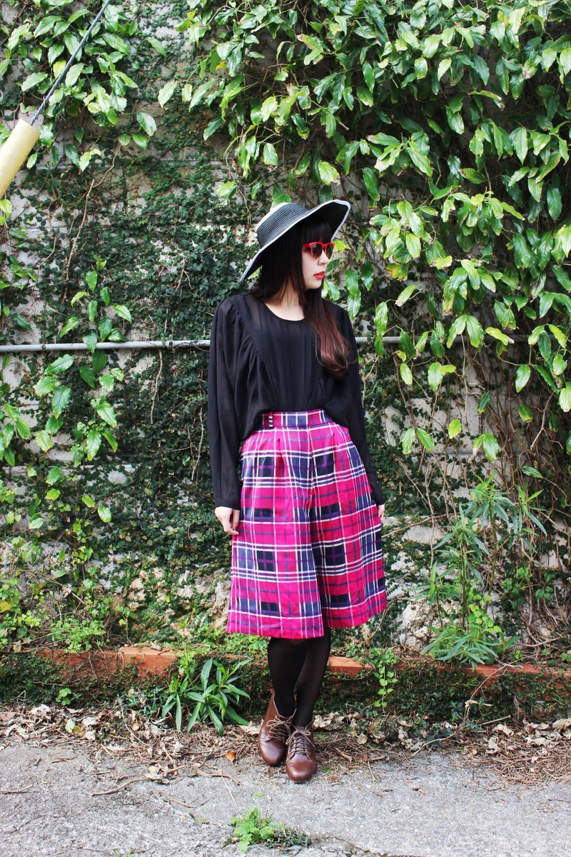 F706(Vintage)桃红色格纹附双口袋古着裤裙 - 女装长裤 - 其他材质 粉红色