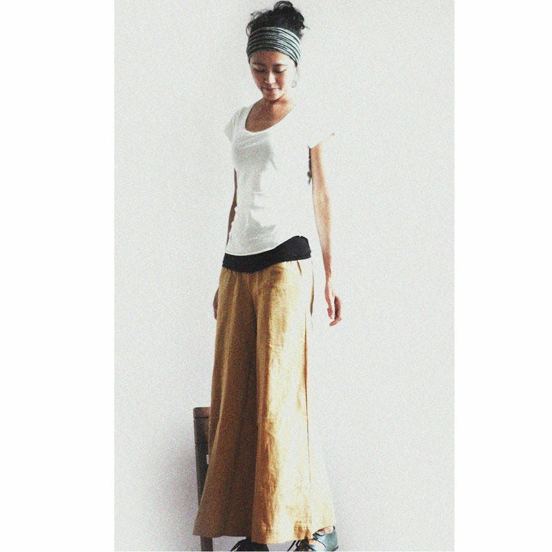 夏季手工棉麻宽裤-芥末黄 - 女装长裤 - 棉．麻 黄色