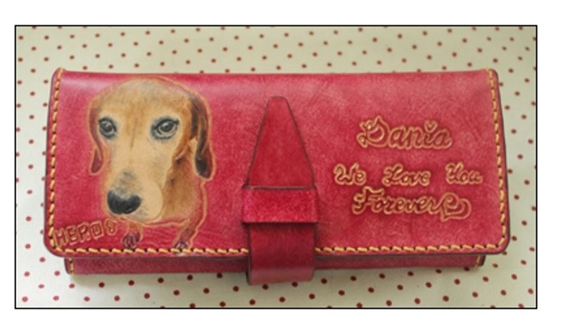 专属定制宠物狗儿肖像紫红色纯牛皮长皮夹(订做情人、生日送礼) - 皮夹/钱包 - 真皮 