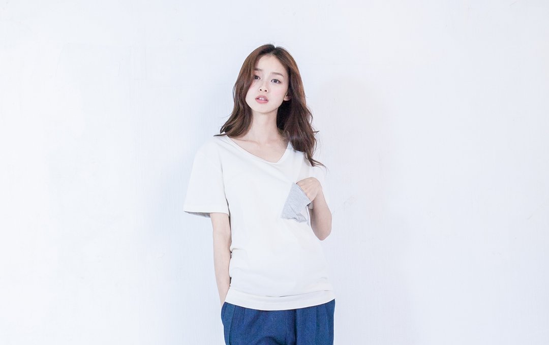 SUMI◆前后拼接双色宽版Tshirt◆4SF006米白＋麻花灰 - 女装 T 恤 - 棉 白色