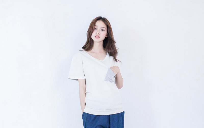 SUMI◆前后拼接双色宽版Tshirt◆4SF006米白＋麻花灰 - 女装 T 恤 - 棉．麻 白色