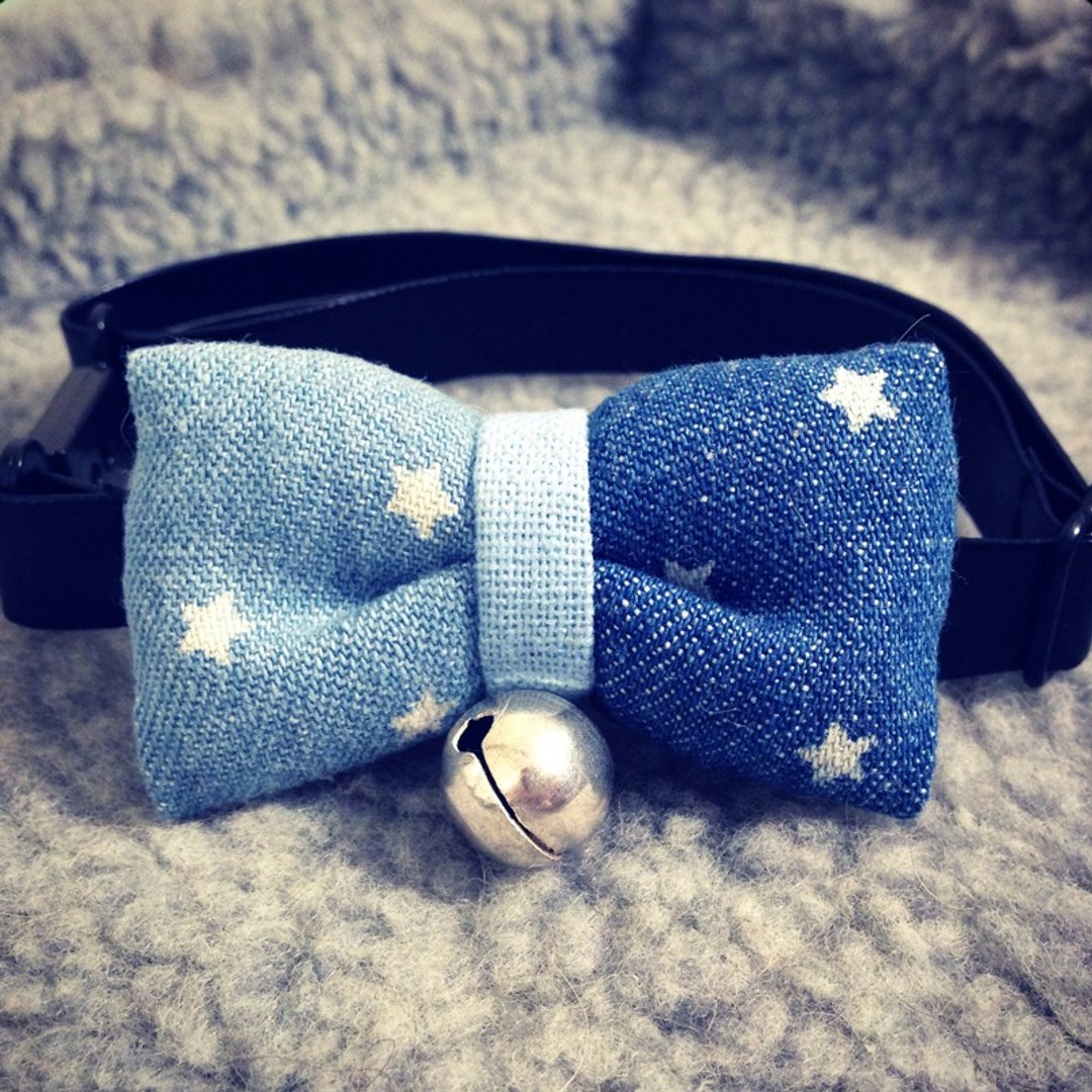 双色 牛仔布料星星蝴蝶结宠物项圈 猫咪 狗狗  S size - 项圈/牵绳 - 其他材质 蓝色