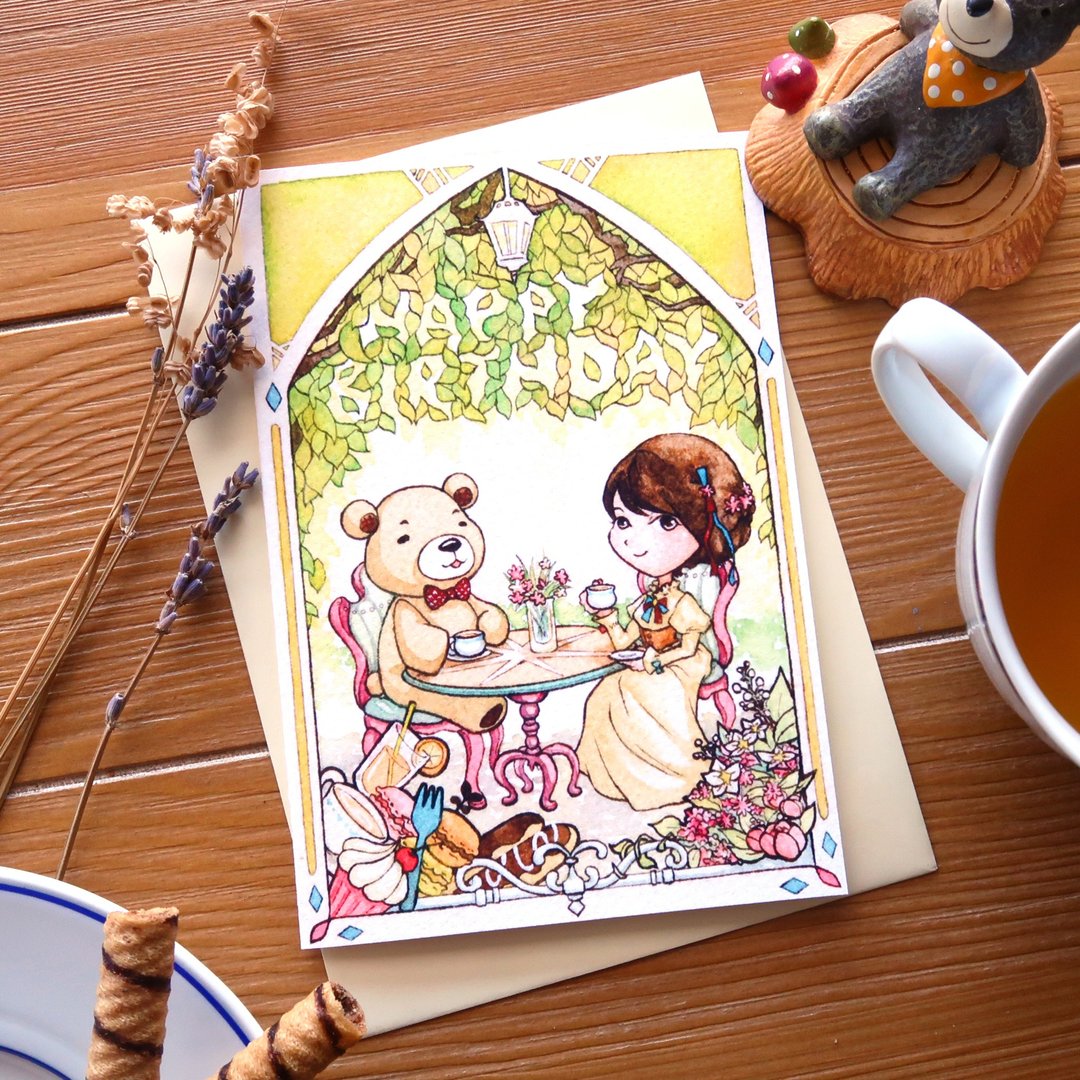 【Pin】与熊熊的午茶时光 - 水彩插画生日卡 - 卡片/明信片 - 纸 多色