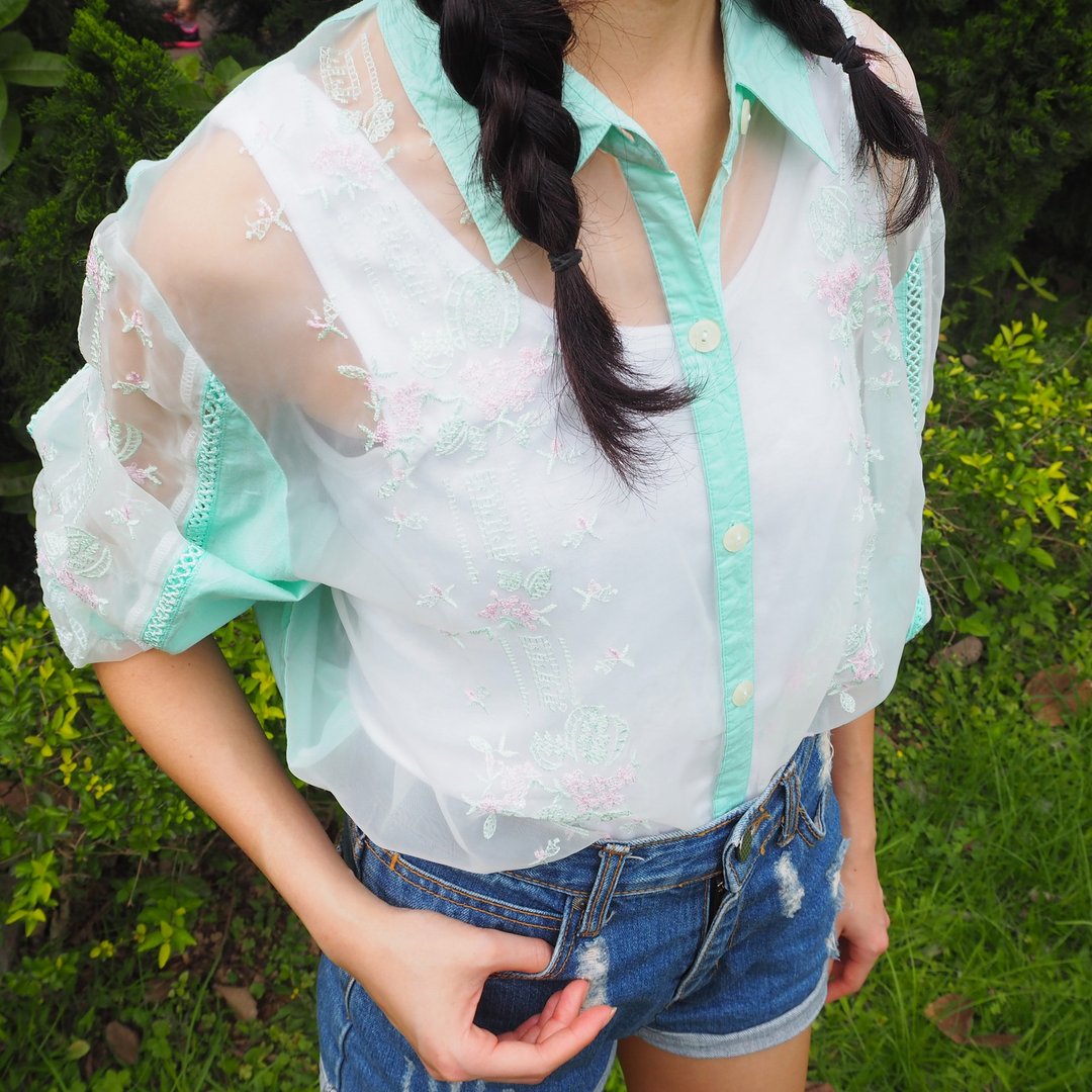 苹果绿半透绣花衬衫 - 女装衬衫 - 其他材质 绿色