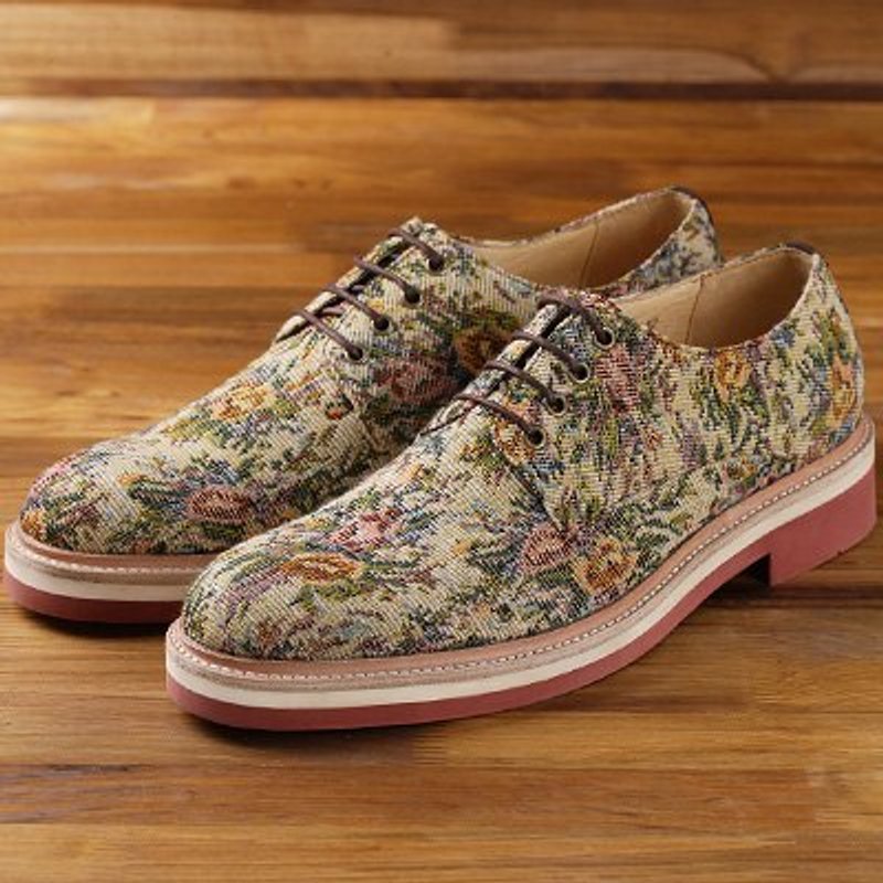 Vanger 优雅美型·复古花漾红底鞋║Va97花布杏 - 男款牛津鞋/乐福鞋 - 真皮 多色