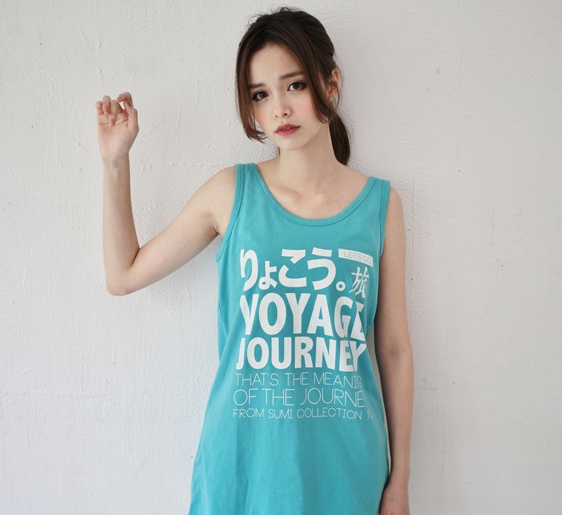 SUMI△旅行语言▽长版旅行背心_3SF033_白/土耳其蓝 - 女装背心 - 棉．麻 蓝色
