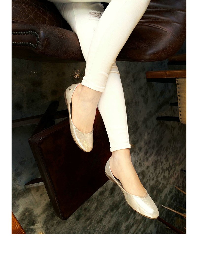 金色美人鱼(金)WL微尖楦平底鞋－Gold Flat - 女款牛津鞋/乐福鞋 - 真皮 金色