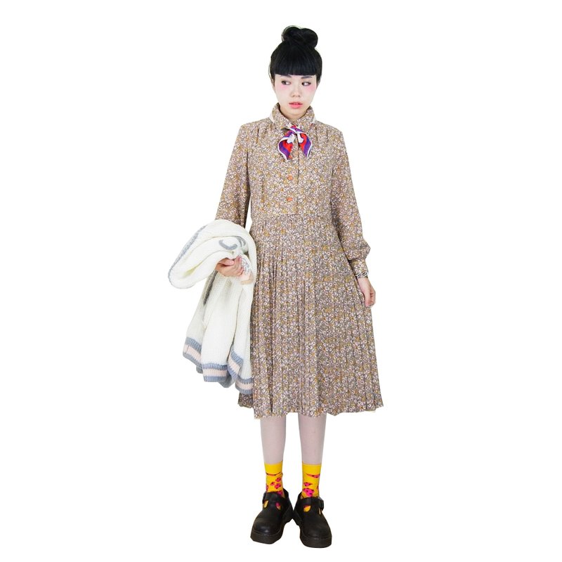 A PRANK DOLLY - 复古着VINTAGE碎花百褶裙古着洋装 - 洋装/连衣裙 - 其他材质 橘色