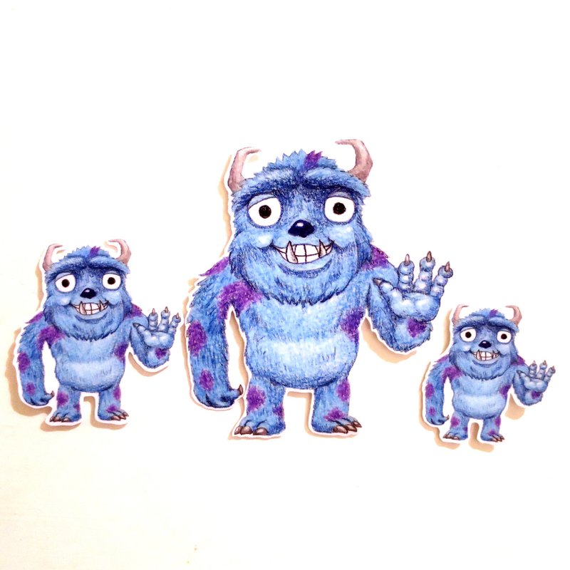 色铅笔手绘傻呼呼公仔娃娃防水贴纸--傻呼呼怪兽电力公司毛怪3入(编号36) - 贴纸 - 纸 蓝色