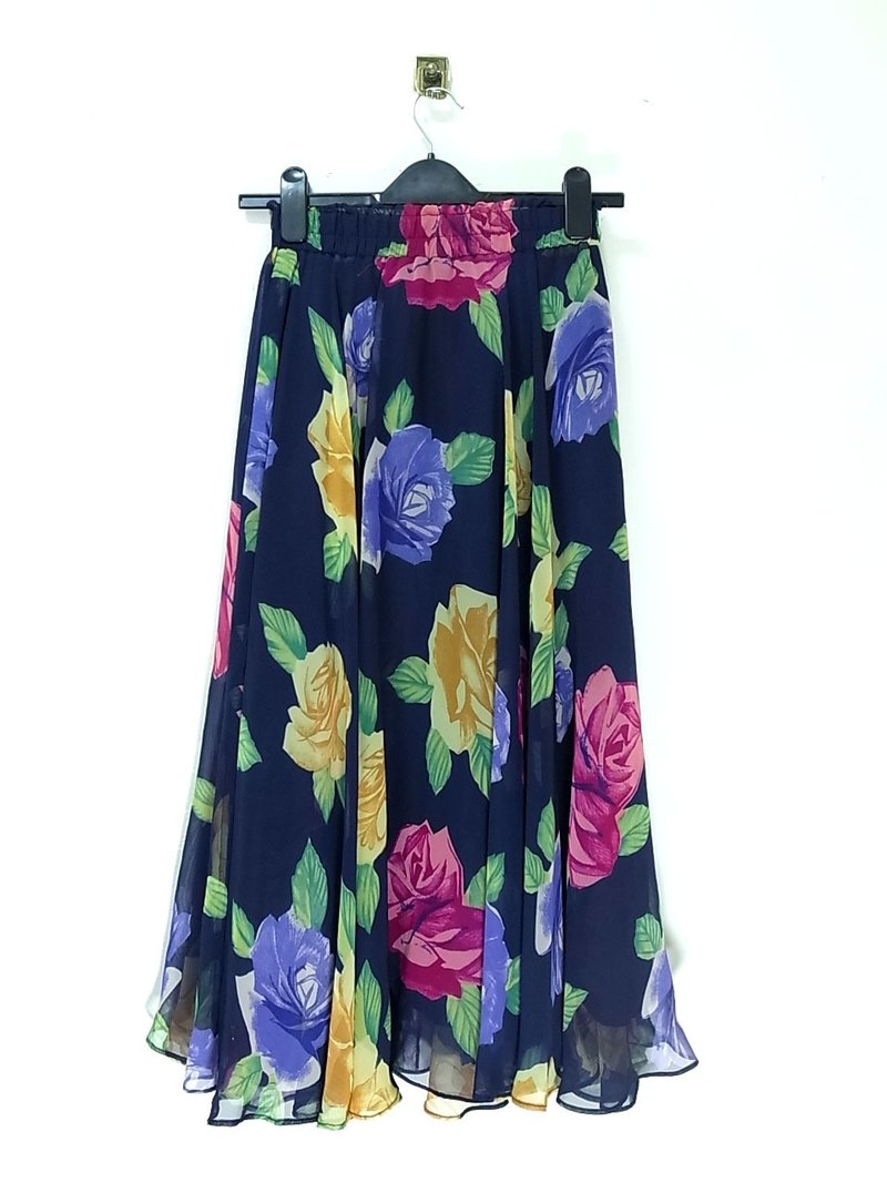 深蓝 浓艳花朵印花 雪纺长裙 古着 - 裙子 - 其他材质 蓝色