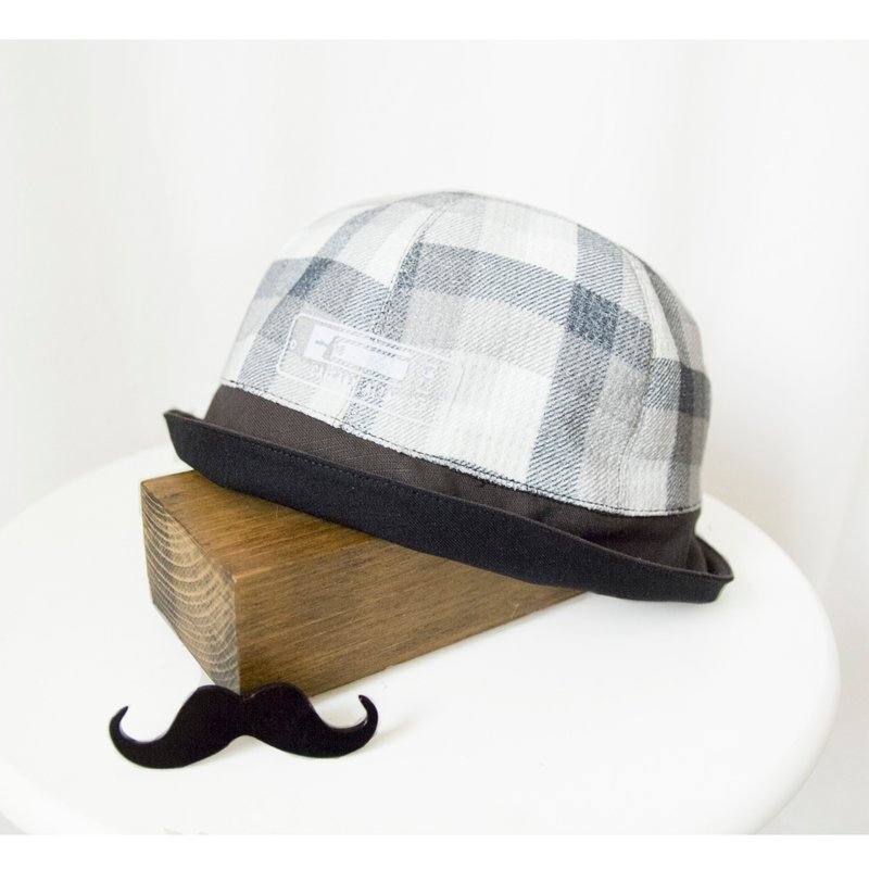 Bonjour美好的问候 灰阶格纹手工圆顶帽(双面带/格纹x全黑)：杉叶原创自制 - 帽子 - 其他材质 黑色