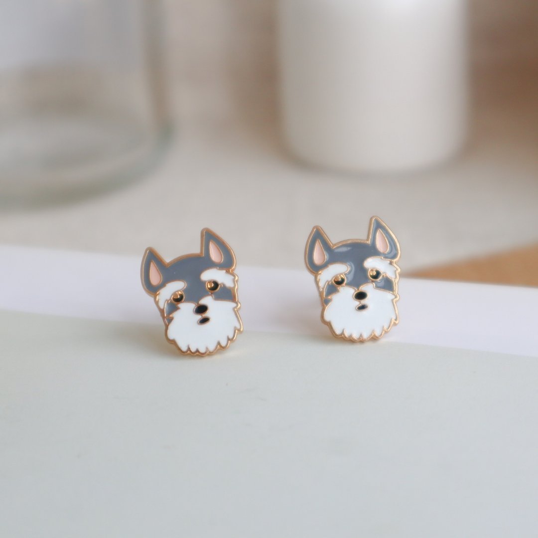 雪纳瑞 Miniature Schnauzer 夹式耳环 生日礼物 宠物饰品 狗狗 - 耳环/耳夹 - 珐琅 灰色