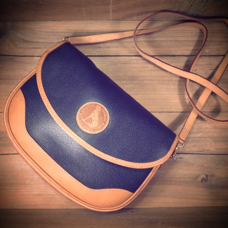 [ 老骨头 ] 早期 法国 Francois Marot 焦糖色真皮x黑灰防水帆布 侧背 马鞍包 绝版真品 古董包 Vintage - 侧背包/斜挎包 - 真皮 黑色