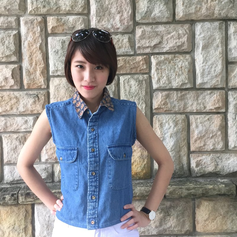 古着背心_/ 绿绣花 / 牛仔 / 背心 / 改制 / 拼接 - 女装背心 - 其他材质 蓝色