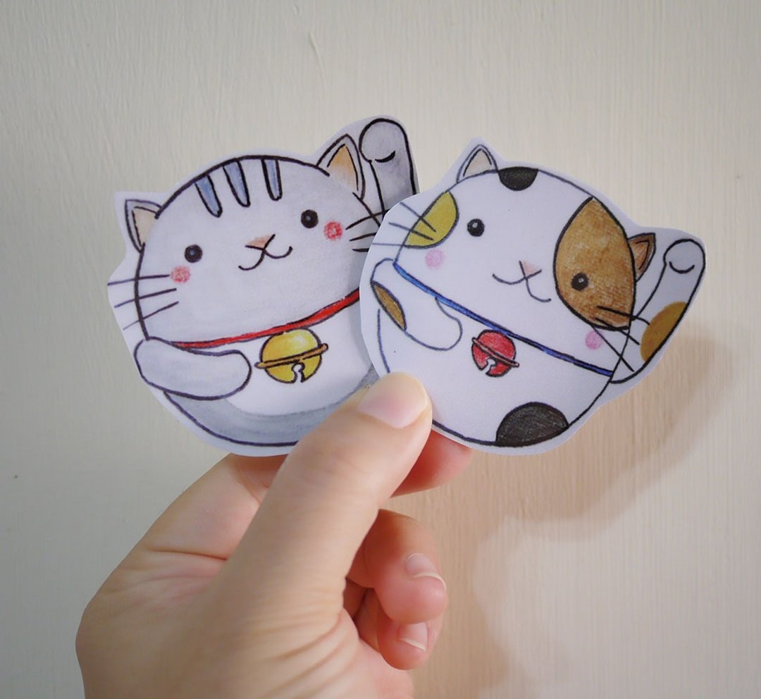 快速到货 手绘插画风格 情人节Valentine's Day バレンタイン期间限定 手绘插画风格 完全 防水贴纸 招财猫 灰斑纹 三色母猫 - 贴纸 - 防水材质 多色