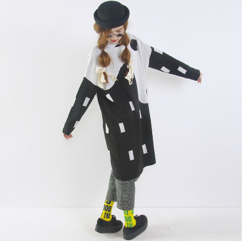 黑白山水纯棉针织长衫毛衣 - imakokoni - 女装针织衫/毛衣 - 棉．麻 黑色