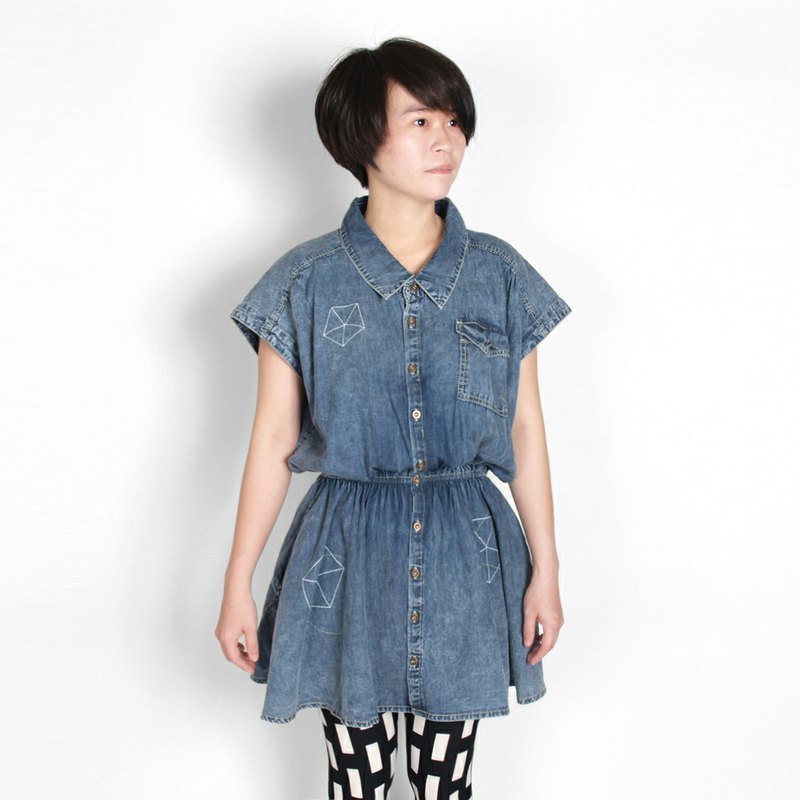 【M0307】HEY SUN独立手作品牌· 基础几何缩腰水洗牛仔洋装for clairechou - 洋装/连衣裙 - 其他材质 蓝色