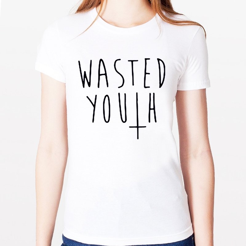 WASTED YOUTH #2女生短袖T恤-2色 文字 胡子 胡须 复古 眼镜 文青 艺术 设计 时髦 - 女装 T 恤 - 其他材质 多色