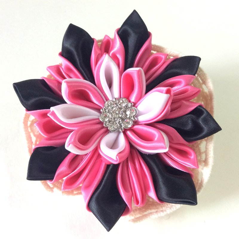 缎带花发夹 つまみ细工 丝带花 粉红 黑白色 - 发饰 - 丝．绢 粉红色