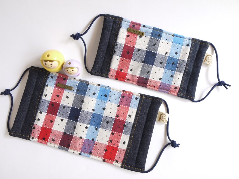 love亲子装 牛仔方型拼接口罩组(一大一小) - 红蓝格 - 口罩 - 棉．麻 蓝色