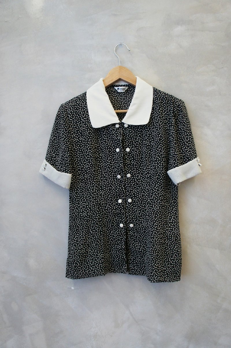 PdB 古着 迷你爱心印花 白边雪纺衬衫 - 女装衬衫 - 其他材质 黑色