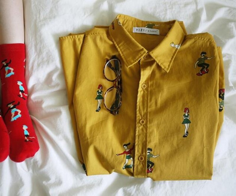 YIZISTORE 长袖衬衫女纯棉印花衬衫-黄色滑板 - 女装衬衫 - 其他材质 橘色