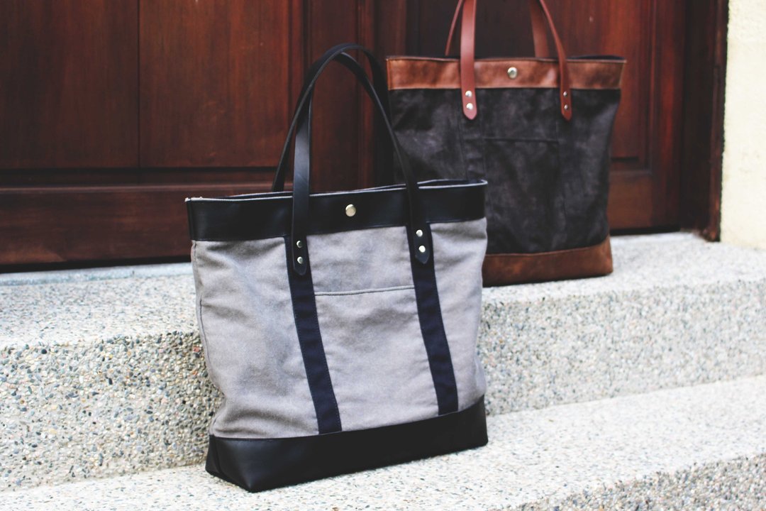 Washed-Grey Tote 皮革帆布托特包 - 手提包/手提袋 - 真皮 灰色