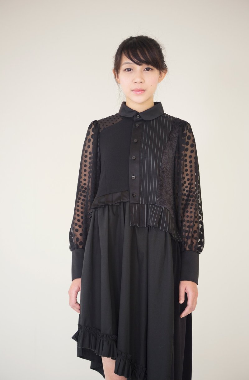 moi non plus 圆领黑色拼接洋装 - 洋装/连衣裙 - 棉．麻 黑色