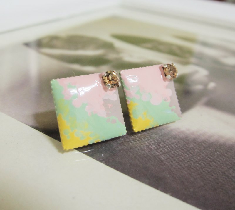 粉彩冰沙色方形耳环 - 耳环/耳夹 - 其他材质 