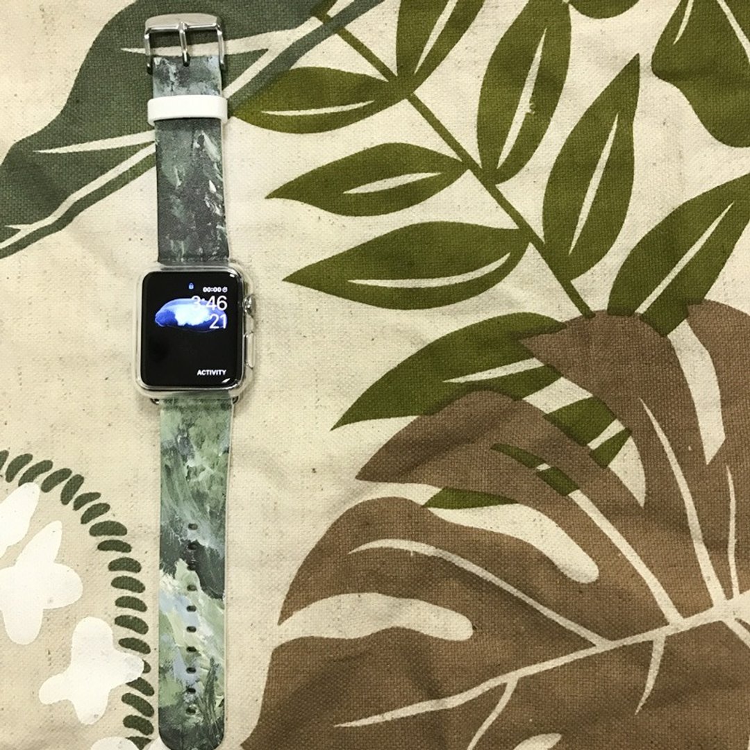 Apple Watch 真皮手表带,香港原创设计师品牌 - 绿色油彩图纹 09 - 表带 - 真皮 