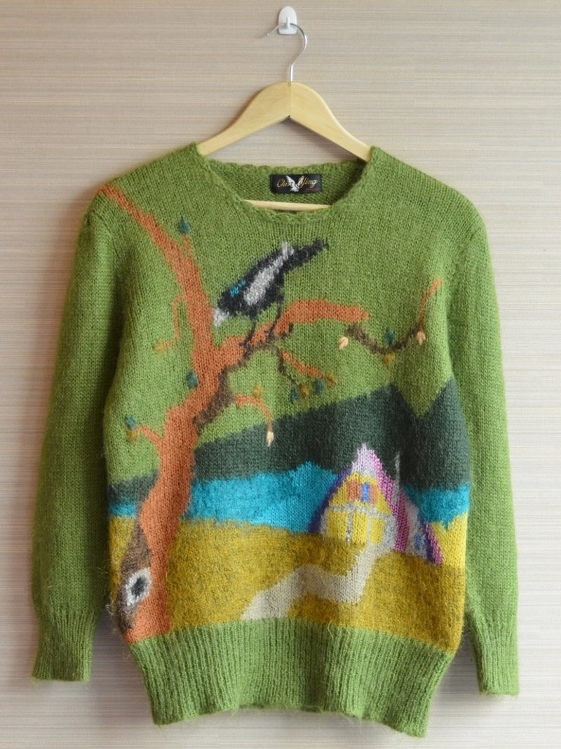 {地花ilakoa}【古着】鸟语花香树木小屋山脉毛衣 - 女装针织衫/毛衣 - 其他材质 绿色
