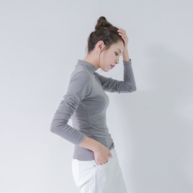 SU:MI said Cozy 高领弹性修身上衣_5AF004_灰 - 女装上衣 - 棉．麻 灰色