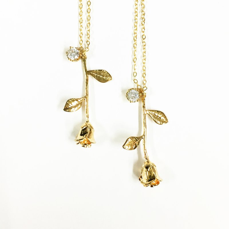 【若桑】小王子的玫瑰花。铜镀18K金配件。超闪锆石。手作项链 - 项链 - 铜/黄铜 金色