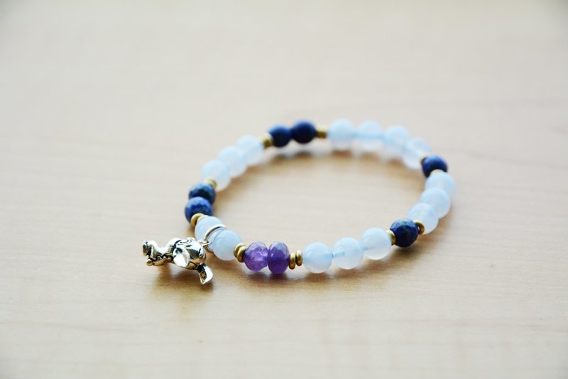 蓝纹玉瓍切面青金石紫水晶史迪奇纯银吊饰定制化弹性手环 - 手链/手环 - 宝石 蓝色