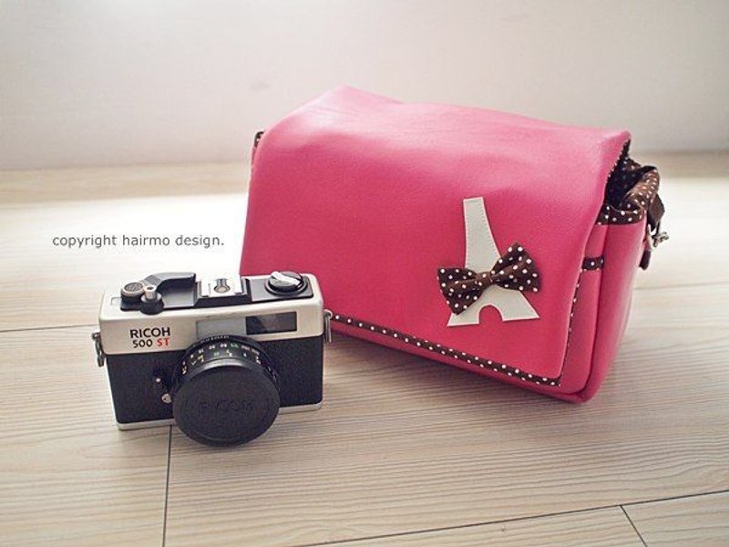 可爱铁塔双镜组相机包-桃(侧背+拉链) - 相机包/相机袋 - 真皮 粉红色