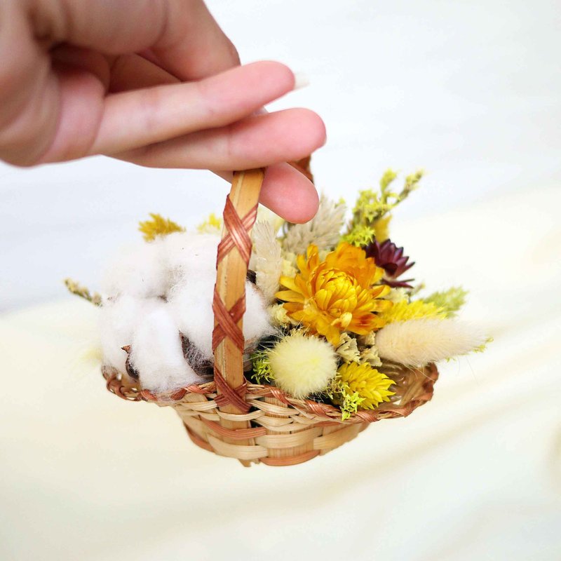 小品礼赞-初秋大地 白黄色迷你藤篮 干燥桌花 - 植栽/盆栽 - 植物．花 黄色